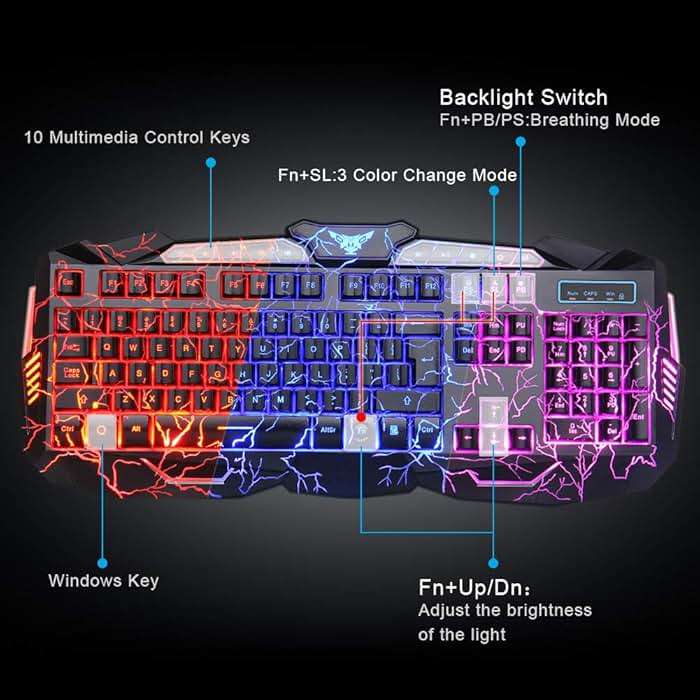 BlueFinger Gaming Keyboard Mouse Headset Combo, USB Wired Crack Backlit,114 Keys Letters Glow LED Keyboard, Red LED Light Headset for Laptop PC Computer Work and Game - Image 8