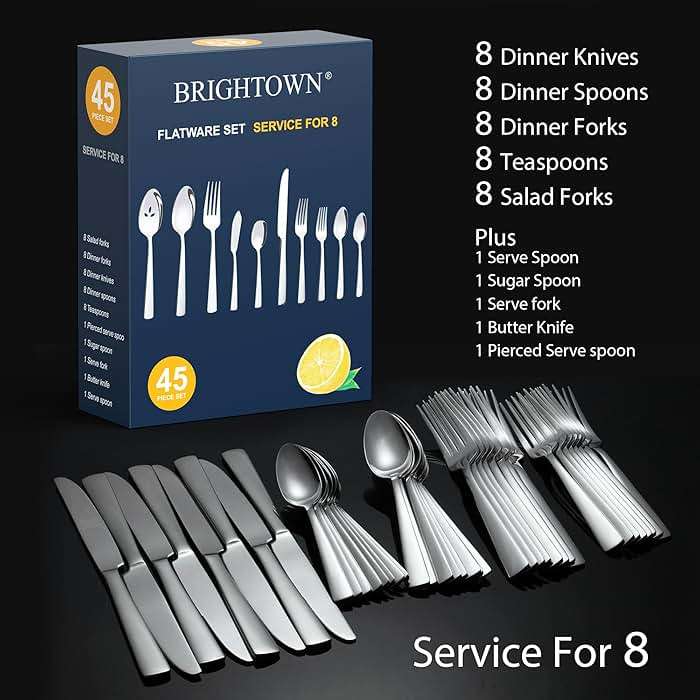 45-Piece Flatware Sets, Silverware Set for 8, Durable Stainless Steel Tableware in Ergonomic Design Size and Weight, Kitchen Utensils Set with Steak Knives, Rust-proof, Dishwasher Safe - Image 3