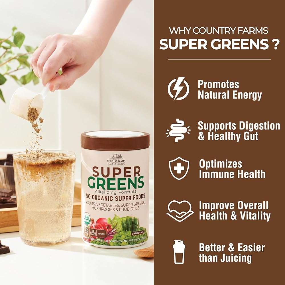 Country Farms Organic Super Greens Powder, Daily Greens Drink Mix with 50 Organic Superfoods, Fruits, Vegetables, Fiber, Mushrooms & Probiotics for Gut Health, Digestion & Energy, Chocolate Flavor - Image 4