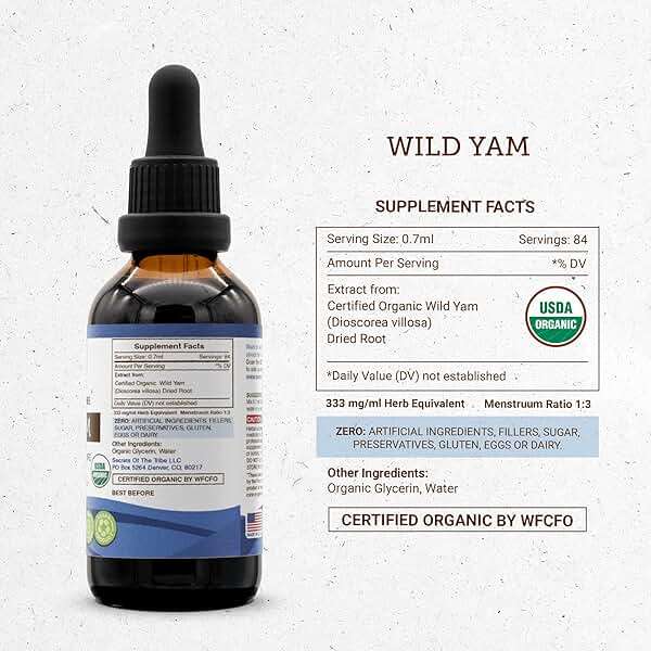 Secrets of the Tribe Wild Yam Alcohol-Free USDA Organic Tincture (Glycerite) 695 mg Responsibly farmed Wild Yam (Dioscorea Villosa) Dried Root (2 Fl Oz) Hormone Support Supplement - Image 4