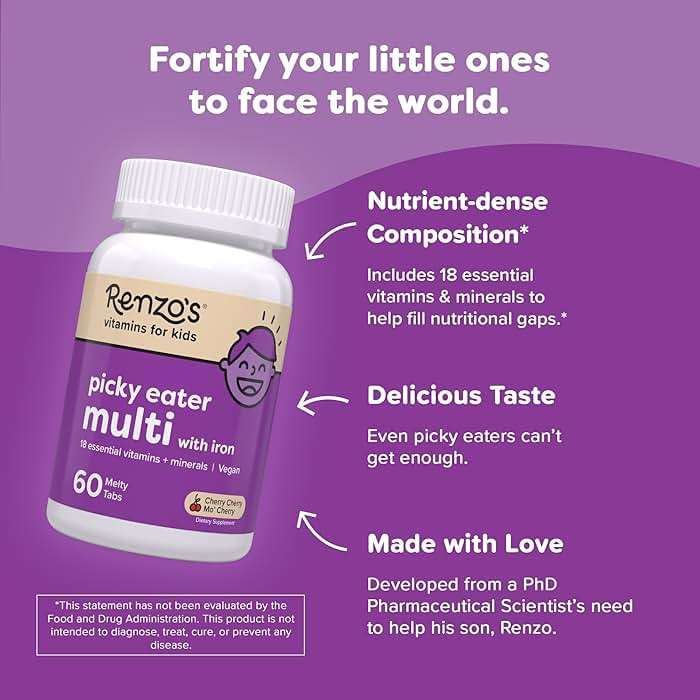 Renzo's Picky Eater Kids Multivitamin with Iron - Dissolvable Kids Vitamins with Iron, Zinc, Vitamin C, Vitamin D, E & K, Sugar-Free Melty Tabs, Cherry Flavor, 60-Count (1-2 Month Supply) - Image 3