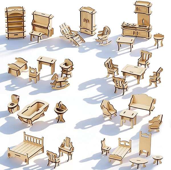 LOVEINUSA 34 PCS DIY Wooden Dollhouse Furniture Set, 1:20 Scale Miniature Room Accessories for Kitchen Living Room Bathroom for DIY Crafts Project - Image 1