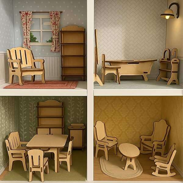 LOVEINUSA 34 PCS DIY Wooden Dollhouse Furniture Set, 1:20 Scale Miniature Room Accessories for Kitchen Living Room Bathroom for DIY Crafts Project - Image 5