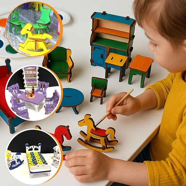 LOVEINUSA 34 PCS DIY Wooden Dollhouse Furniture Set, 1:20 Scale Miniature Room Accessories for Kitchen Living Room Bathroom for DIY Crafts Project - Image 7