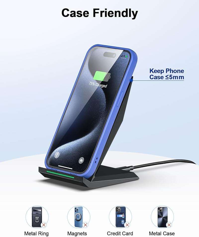Fast Wireless Charger, NANAMI Wireless Charging Stand Compatible iPhone 17/17 Air/16/15/15 Pro/15 Plus/15 Pro Max/14/13, Nightstand Phone Charger Dock for Samsung Galaxy S26/S26+/S25/S24/S23/S22 - Image 5