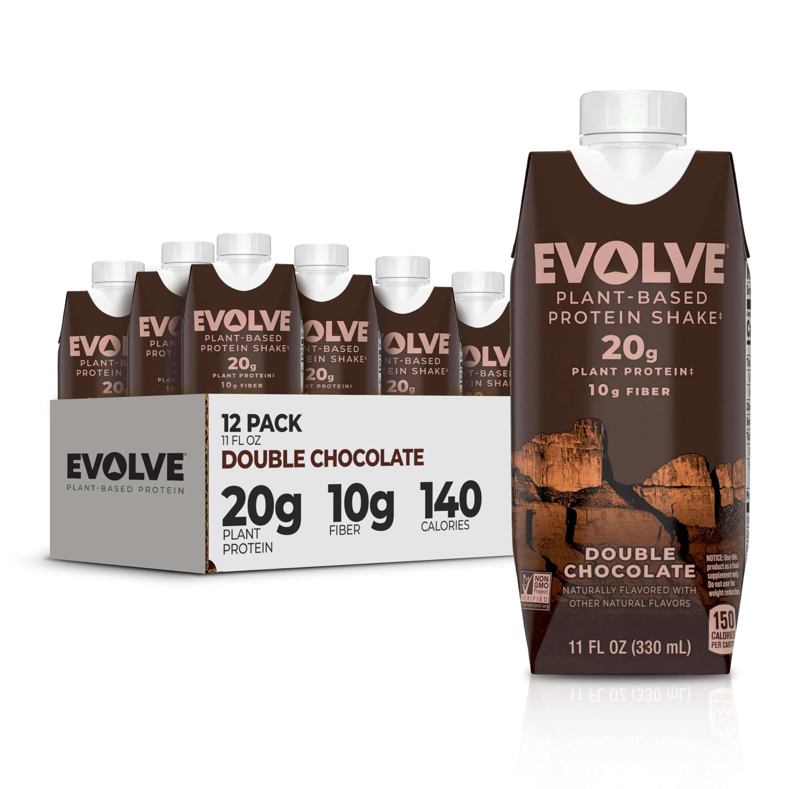 Evolve Plant Based Protein Shake, Double Chocolate, 20g Vegan Protein, Dairy Free, No Artificial Sweeteners, Non-GMO, 10g Fiber, 11 Fl Oz (Pack of 12) - (Formula May Vary) - Image 1