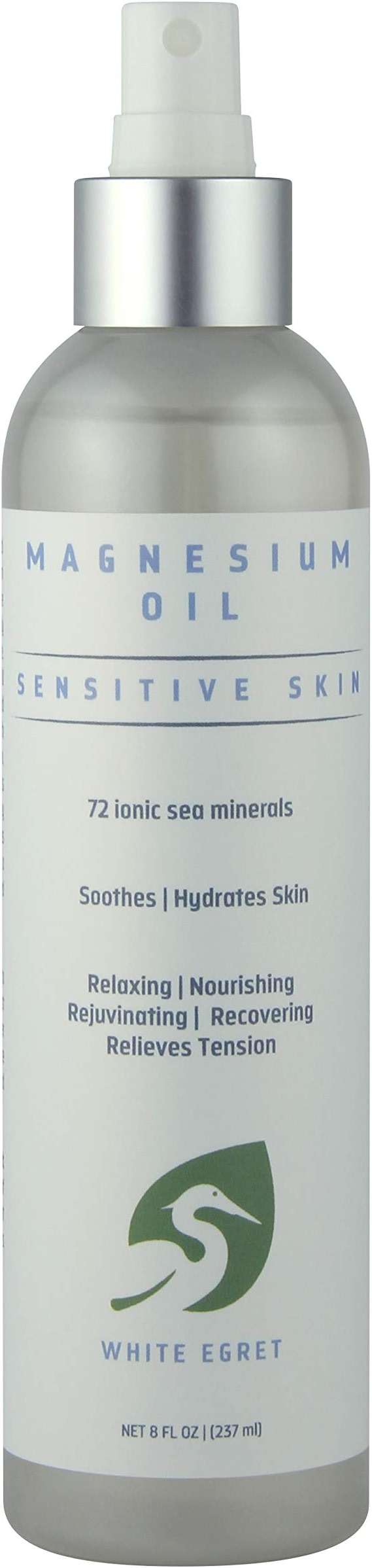 White Egret | Magnesium Oil Spray Sensitive Skin with 72 Ionic sea Minerals | Soothing, Nourishing, rejuvenating and Recovering Properties | 8 Fl Oz - Image 1