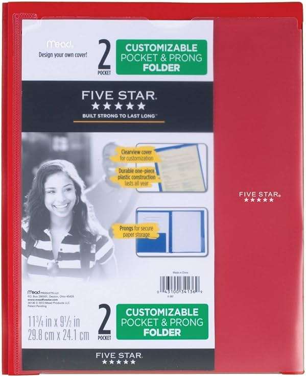 Five Star 2 Pocket Folder with Prong Fasteners, Folder with Pockets, Customizable Cover, Plastic, Color Selected for You, 1 Count (34136) - Image 6