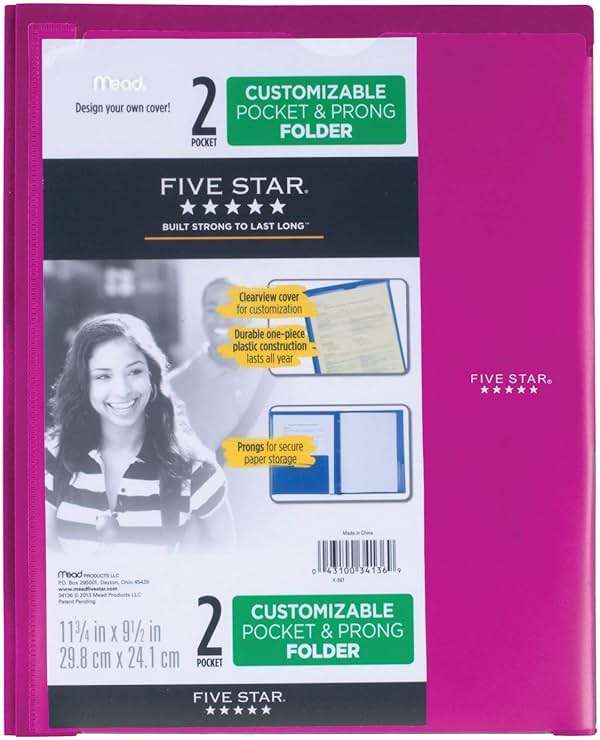 Five Star 2 Pocket Folder with Prong Fasteners, Folder with Pockets, Customizable Cover, Plastic, Color Selected for You, 1 Count (34136) - Image 7