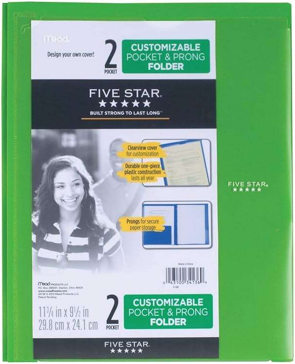 Five Star 2 Pocket Folder with Prong Fasteners, Folder with Pockets, Customizable Cover, Plastic, Color Selected for You, 1 Count (34136) - Image 8