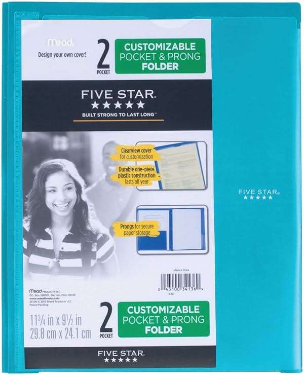 Five Star 2 Pocket Folder with Prong Fasteners, Folder with Pockets, Customizable Cover, Plastic, Color Selected for You, 1 Count (34136) - Image 9