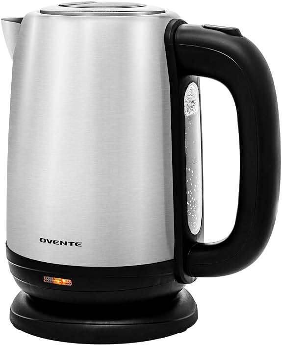 OVENTE Electric Tea Kettle Stainless Steel 1.7 Liter Portable Instant Water Boiler Heater 1100W Power Fast Boiling with Cordless Body and Automatic Shut Off for Coffee Milk Chocolate Silver KS27S - Image 1