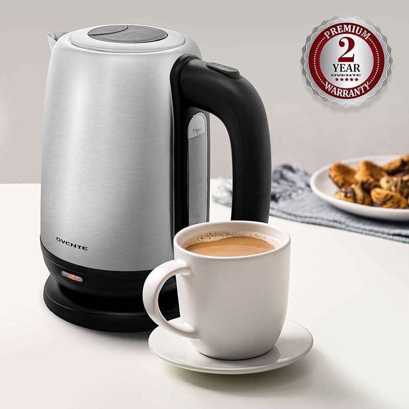 OVENTE Electric Tea Kettle Stainless Steel 1.7 Liter Portable Instant Water Boiler Heater 1100W Power Fast Boiling with Cordless Body and Automatic Shut Off for Coffee Milk Chocolate Silver KS27S - Image 2