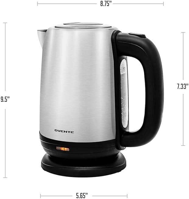 OVENTE Electric Tea Kettle Stainless Steel 1.7 Liter Portable Instant Water Boiler Heater 1100W Power Fast Boiling with Cordless Body and Automatic Shut Off for Coffee Milk Chocolate Silver KS27S - Image 3