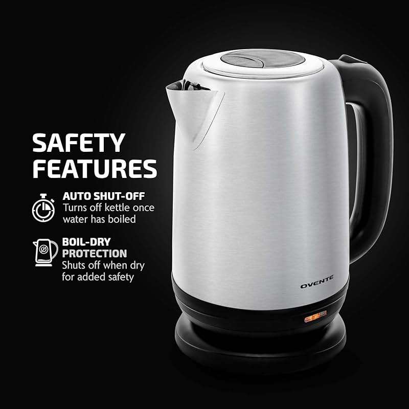OVENTE Electric Tea Kettle Stainless Steel 1.7 Liter Portable Instant Water Boiler Heater 1100W Power Fast Boiling with Cordless Body and Automatic Shut Off for Coffee Milk Chocolate Silver KS27S - Image 4