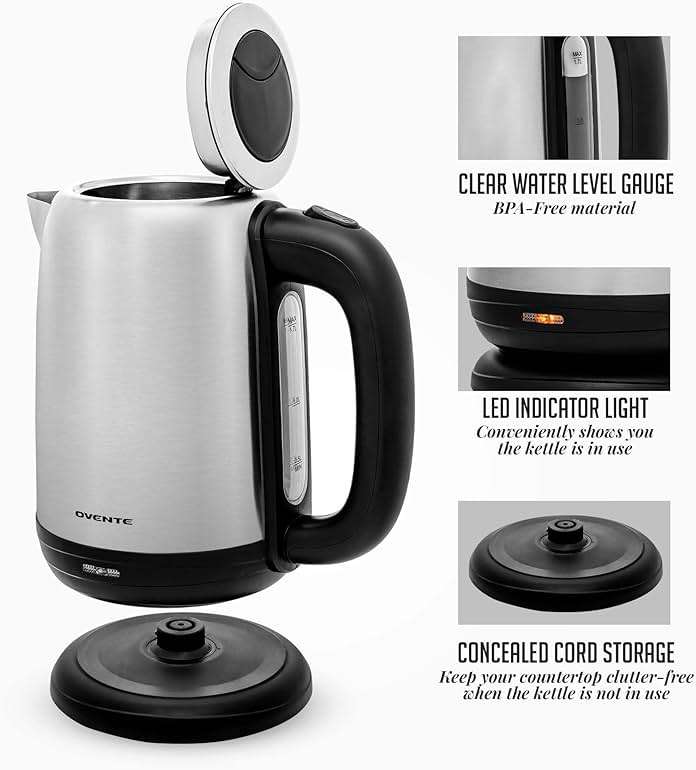 OVENTE Electric Tea Kettle Stainless Steel 1.7 Liter Portable Instant Water Boiler Heater 1100W Power Fast Boiling with Cordless Body and Automatic Shut Off for Coffee Milk Chocolate Silver KS27S - Image 5