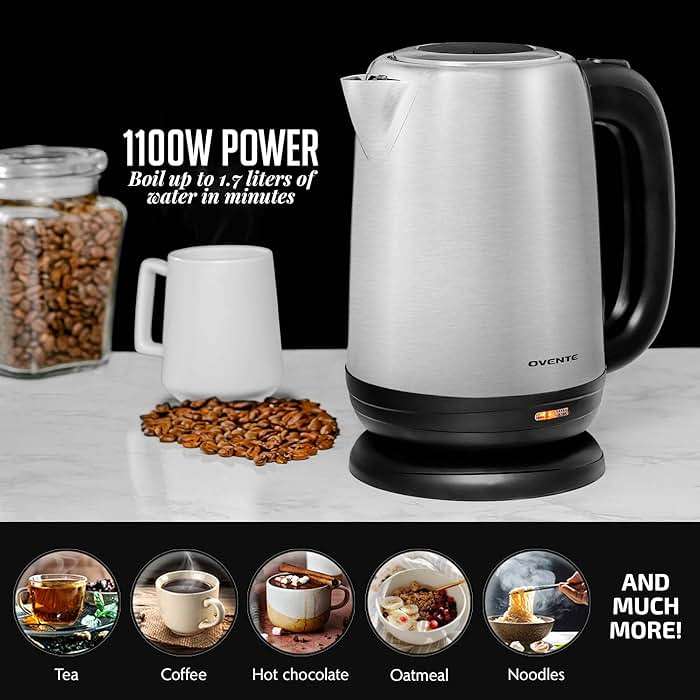 OVENTE Electric Tea Kettle Stainless Steel 1.7 Liter Portable Instant Water Boiler Heater 1100W Power Fast Boiling with Cordless Body and Automatic Shut Off for Coffee Milk Chocolate Silver KS27S - Image 8