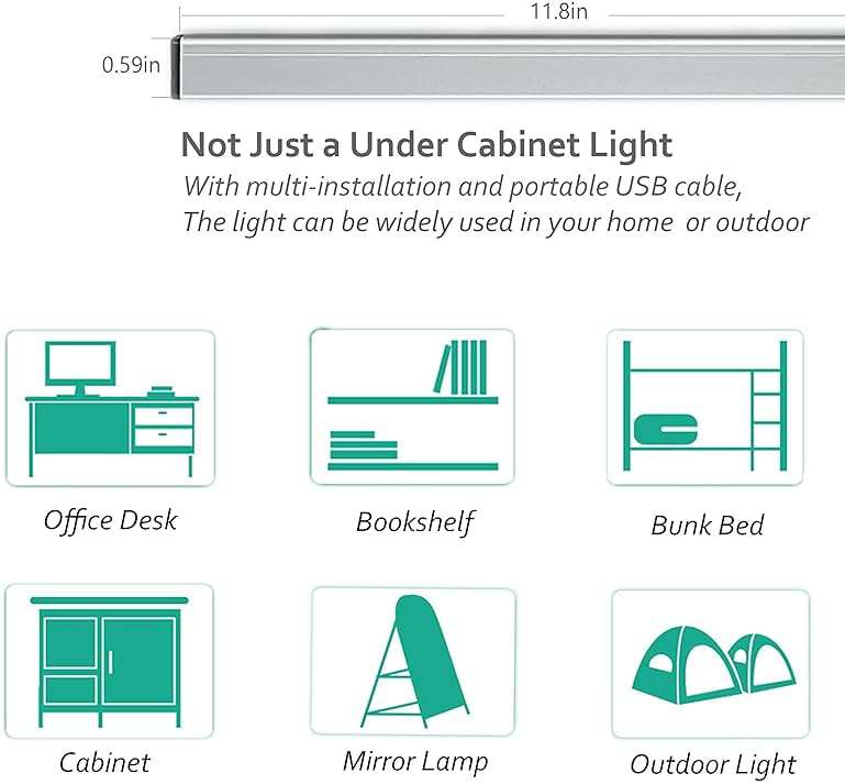 ASOKO Under Cabinet Led Lighting, 12 Inch Light Strip Bar, Daylight White 5000K Dimmable Plug in USB Light, Small Thin Led Under Counter Lighting for Kitchen/Room/Shelf/Desk/Display Case - Image 3
