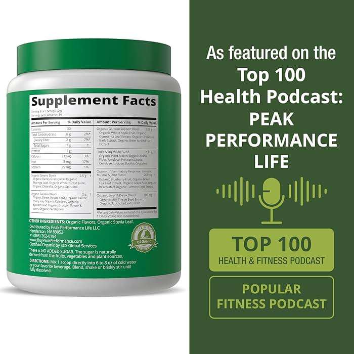 Peak Performance Organic Greens Superfood Powder. Best Tasting Super Greens Powder with 25+ Organic Ingredients for Max Energy and Athletic Performance. Vegan Keto Green Juice Daily Drink - Image 5