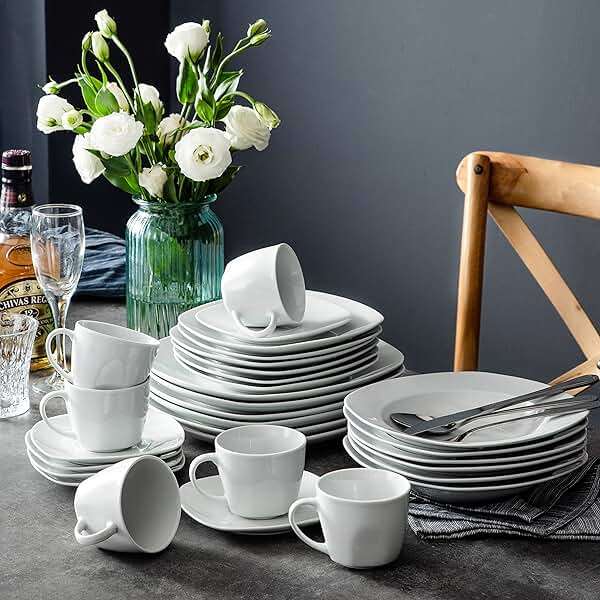 MALACASA 30 Piece Porcelain Dinnerware Set, Grey White Dish Set for 6, Square Ceramic Dishware Sets, Chip and Scratch Resistant Plates and Bowls Sets, Cups and Saucers, Series ELISA - Image 7