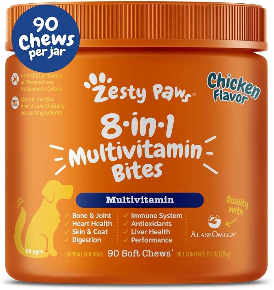 Zesty Paws Dog Multivitamin, Chewable Dog Vitamins and Supplements for Hip & Joints, Skin & Coat, Omega 3 Fish Oil for Dogs- Senior & Puppy Multivitamin- Chicken- 90ct - Image 1