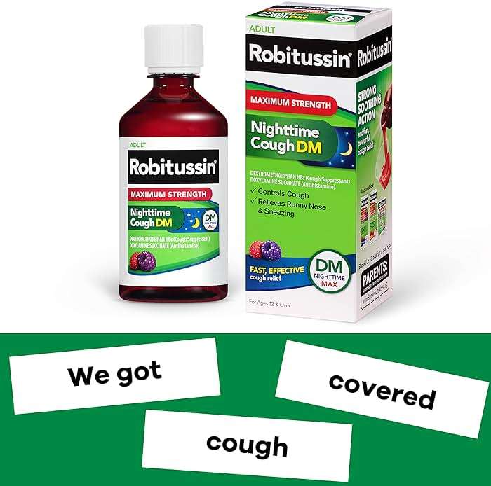 Robitussin Maximum Strength Nighttime Cough DM Max, Adult Formula, Berry Flavor - 8 Fl Oz Bottle - Image 6