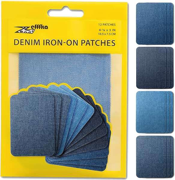 ZEFFFKA Denim Iron-on Patches Inside & Outside Strongest Glue 100% Cotton Black and White Repair Decorating Kit 12 Pieces Shades of Blue Size 3" by 4-1/4" (7.5 cm x 10.5 cm) - Image 1