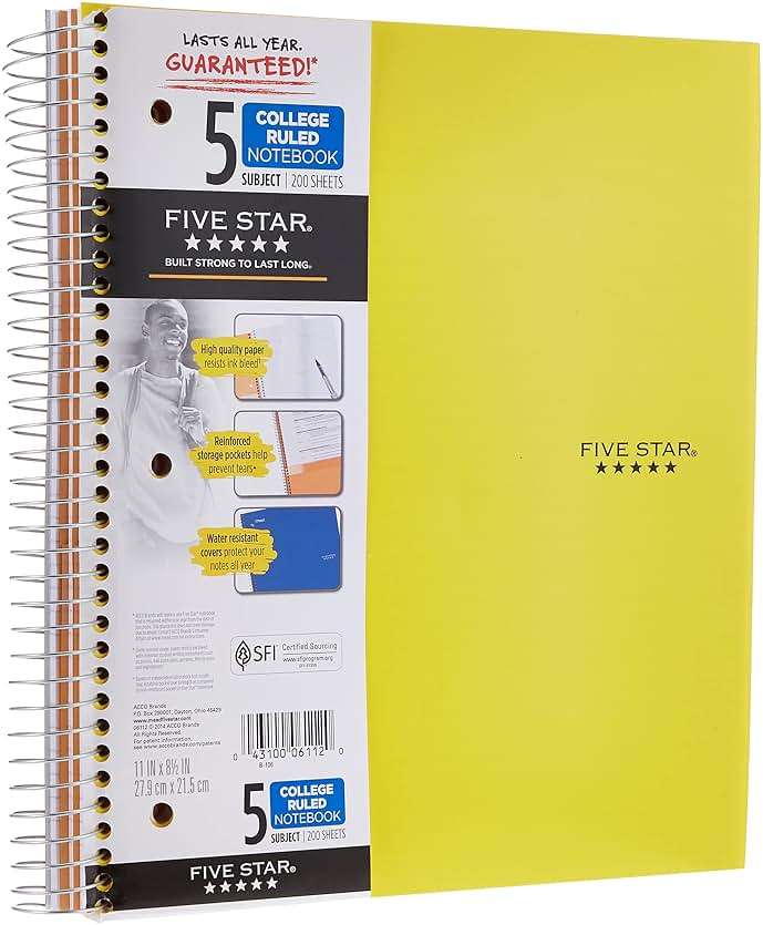 Five Star Spiral Notebooks, 5 Subject, College Ruled Paper, 200 Sheets, 11" x 8-1/2", Teal, Yellow, 2 Pack (73509) - Image 1