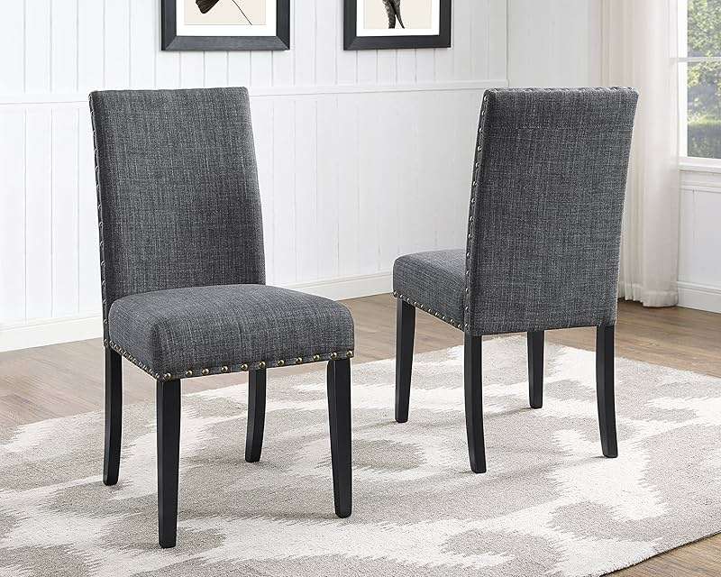 Roundhill Furniture Biony Gray Fabric Dining Chairs with Nailhead Trim, Pack of 2 - Image 1