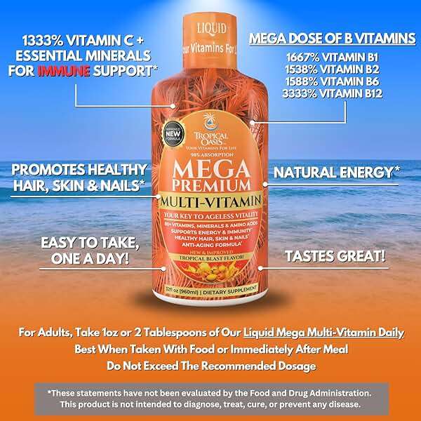 Mega Premium Liquid Multivitamin | Natural Immune Support Vitamin w/ 1333% Vitamin C, 200% D3, Zinc + 20 Vitamins, 70 Minerals, & 21 Amino Acids | Sugar Free | Orange Flavor | 98% Absorption | 32 Serv - Image 4