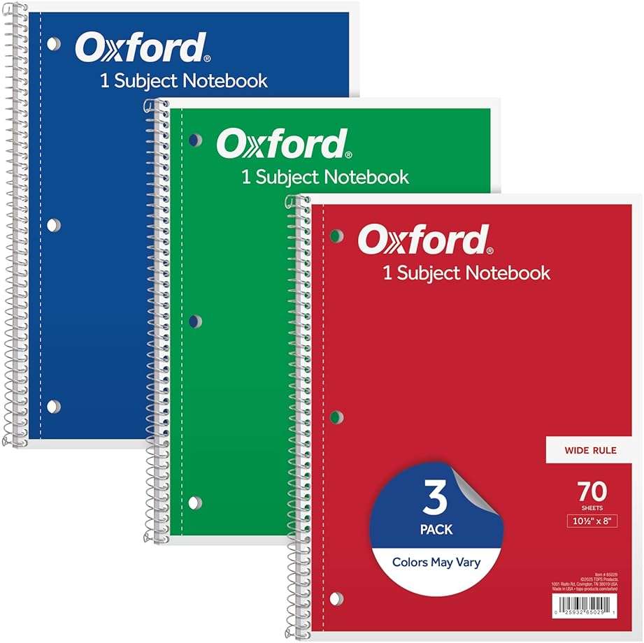 Oxford 1-Subject Notebooks, School Journal, 8 x 10-1/2 Inch, Wide Rule Paper, 70 Sheets, 3-Hole Punch, 3 Pack, Red, Blue, Green, Color Assortment May Vary (65029) - Image 1