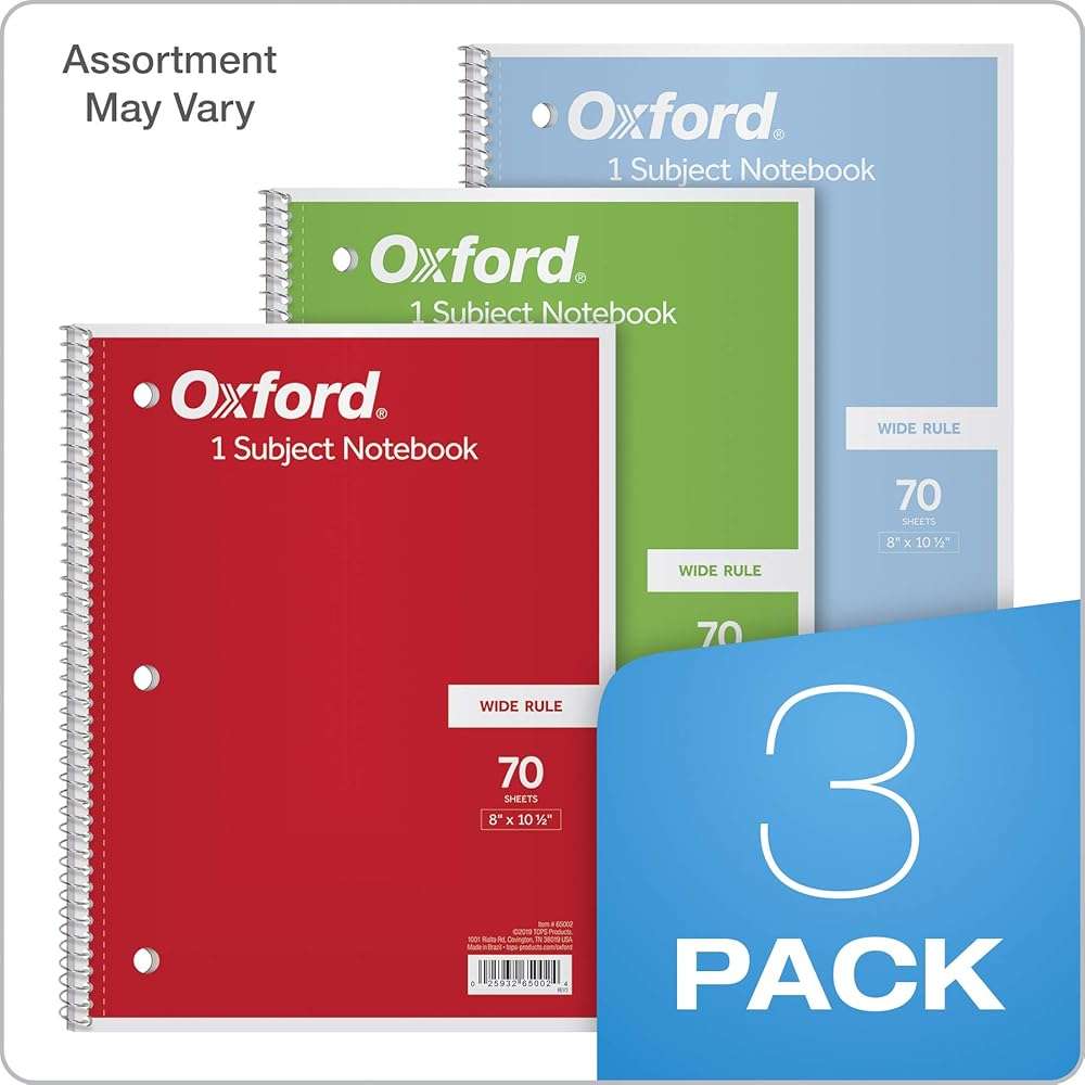 Oxford 1-Subject Notebooks, School Journal, 8 x 10-1/2 Inch, Wide Rule Paper, 70 Sheets, 3-Hole Punch, 3 Pack, Red, Blue, Green, Color Assortment May Vary (65029) - Image 7