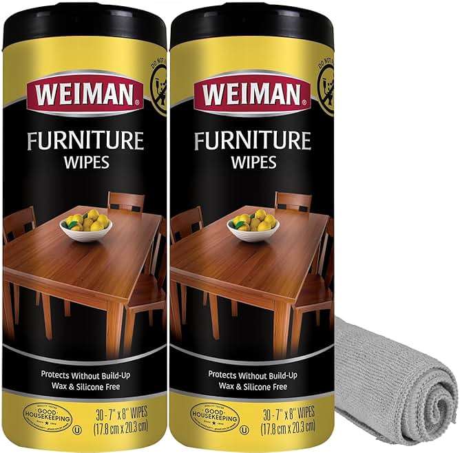 Weiman Wood Polish and Cleaning Wipes, For Furniture Cleaner, Protect from Watermarks, Stains & Aging, No Build-Up, UVX-15 Prevent Drying, Fading & Discoloration, 2 Pack with Microfiber Cloth - Image 1