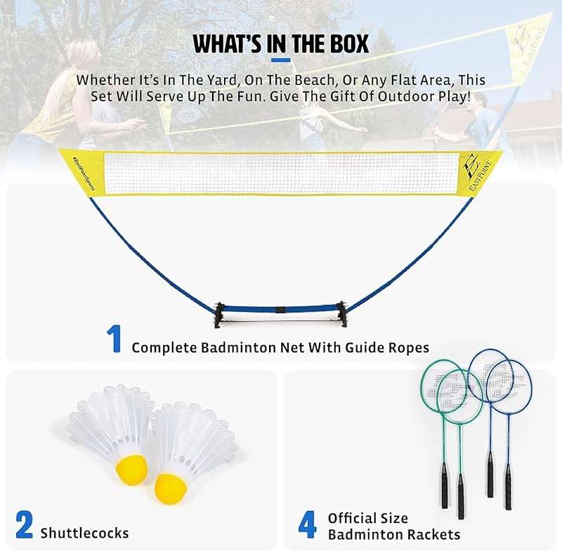 EastPoint Easy Setup Badminton Set - 15 ft Net, 4 Rackets, 2 Shuttlecocks - Quick Setup Net for Backyard Games - Steel Shaft Badminton Rackets for Family Games - Durable Shuttlecocks for Outdoors - Image 4