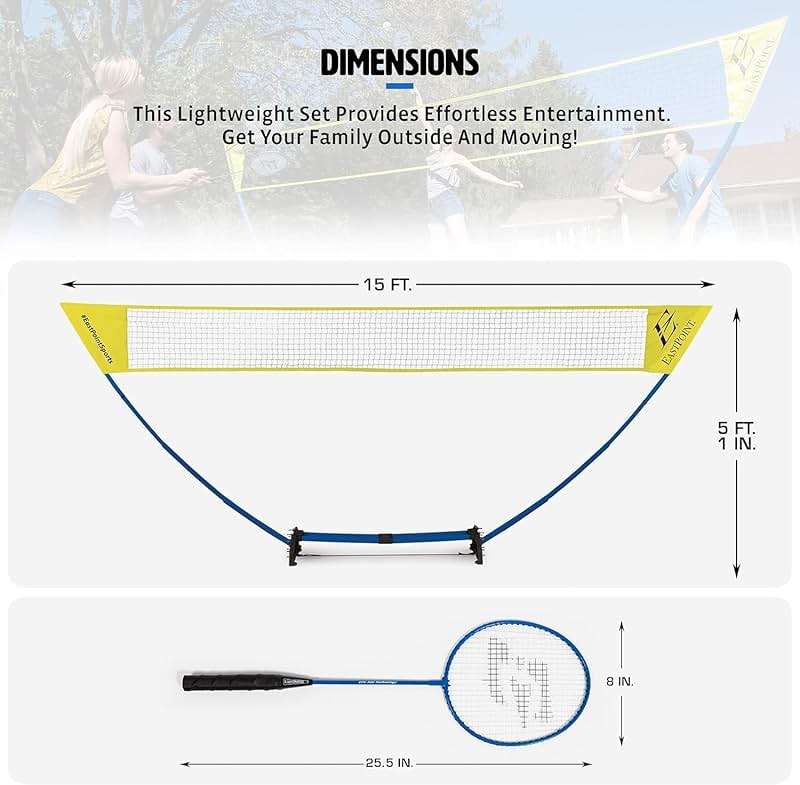 EastPoint Easy Setup Badminton Set - 15 ft Net, 4 Rackets, 2 Shuttlecocks - Quick Setup Net for Backyard Games - Steel Shaft Badminton Rackets for Family Games - Durable Shuttlecocks for Outdoors - Image 5