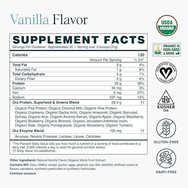 Ora Organic Plant-Based Protein Powder - 23g Protein for Women and Men - Vanilla Flavor 20 Servings, Vegan, Clean Protein, Third-Party Tested, Gluten-Free - 20 Servings - Image 9