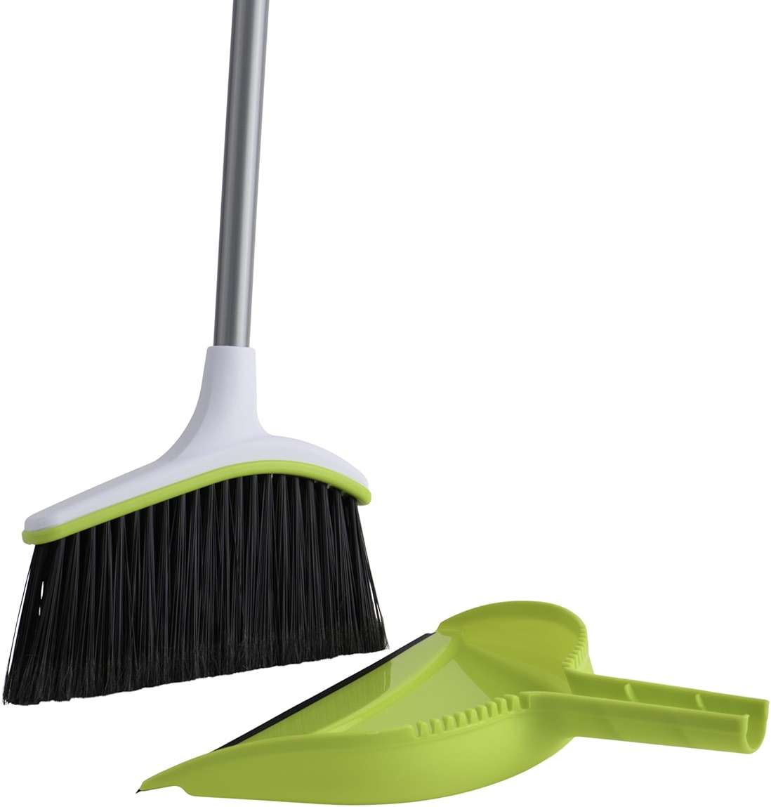 Casabella Basics 2-Piece Angled Broom and Dustpan Set, 44" Angled Broom with Long Handle and Dustpan, Silver/Green - Image 1