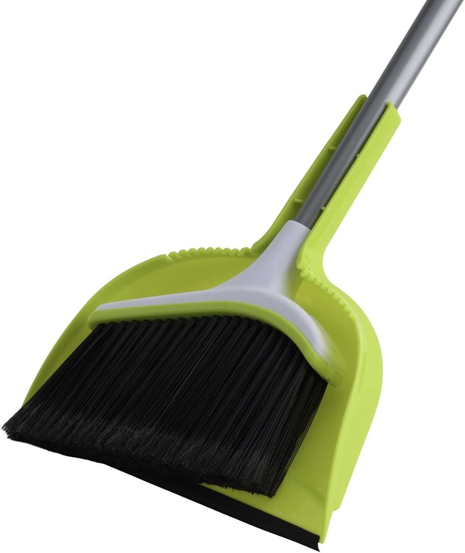 Casabella Basics 2-Piece Angled Broom and Dustpan Set, 44" Angled Broom with Long Handle and Dustpan, Silver/Green - Image 2
