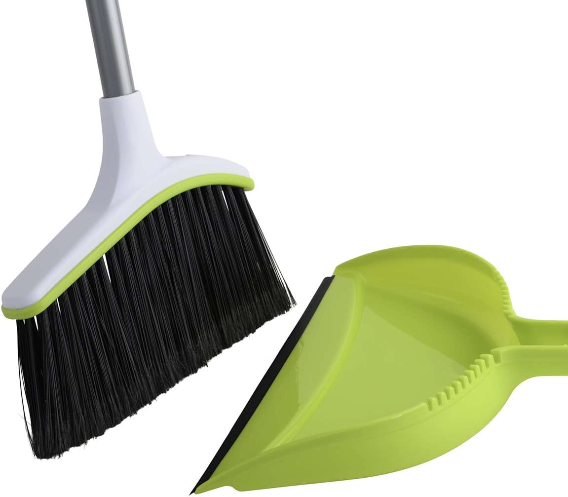 Casabella Basics 2-Piece Angled Broom and Dustpan Set, 44" Angled Broom with Long Handle and Dustpan, Silver/Green - Image 3