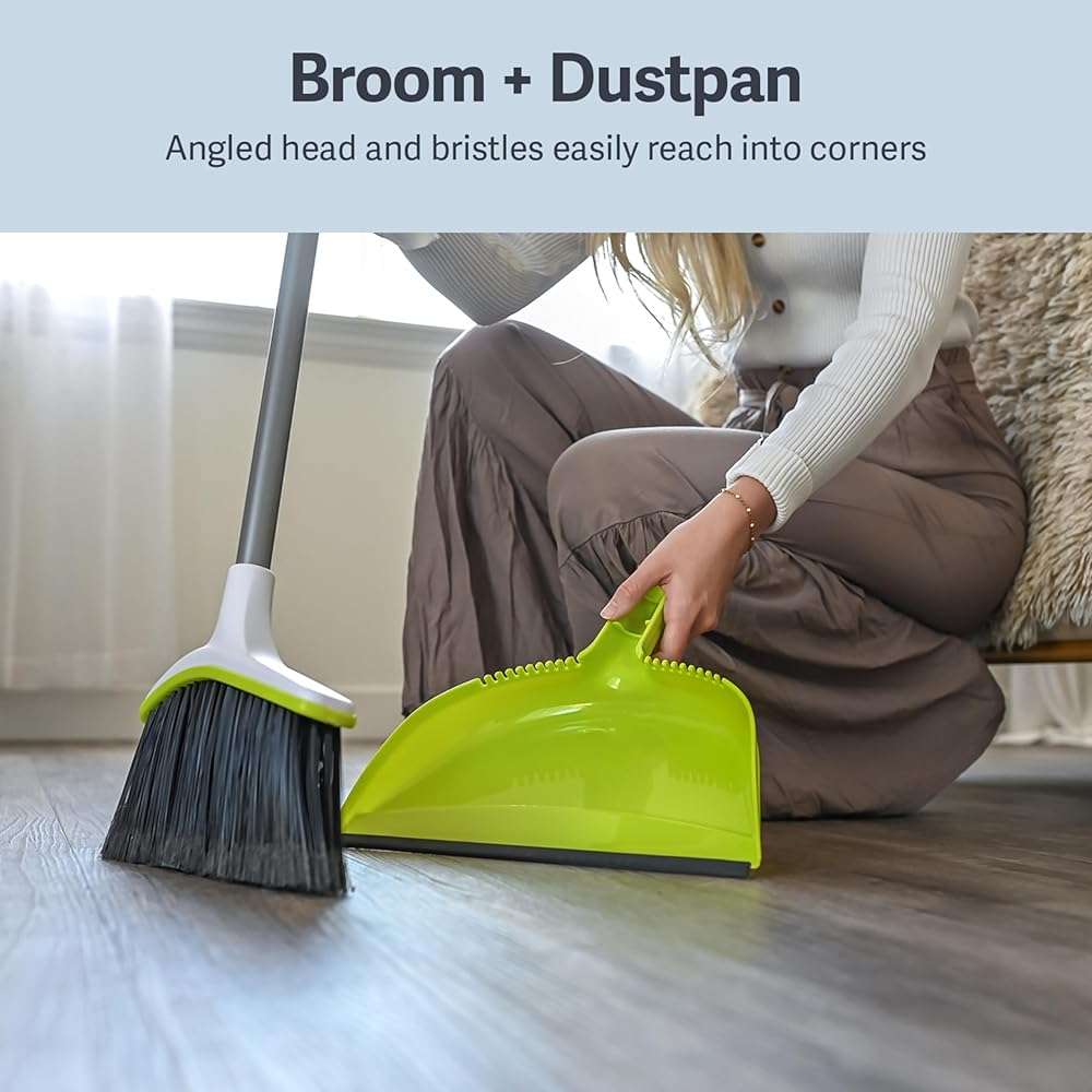 Casabella Basics 2-Piece Angled Broom and Dustpan Set, 44" Angled Broom with Long Handle and Dustpan, Silver/Green - Image 4