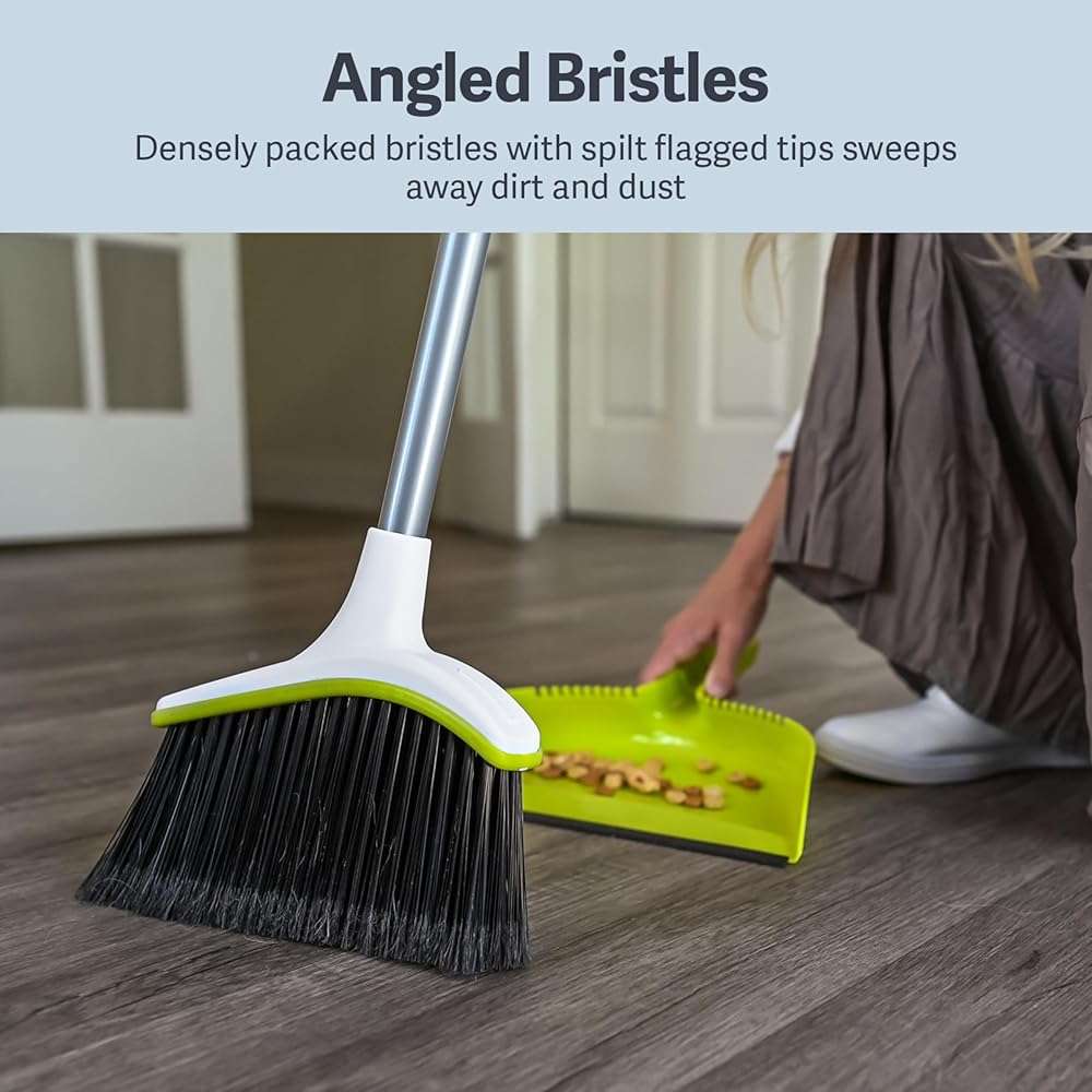 Casabella Basics 2-Piece Angled Broom and Dustpan Set, 44" Angled Broom with Long Handle and Dustpan, Silver/Green - Image 5