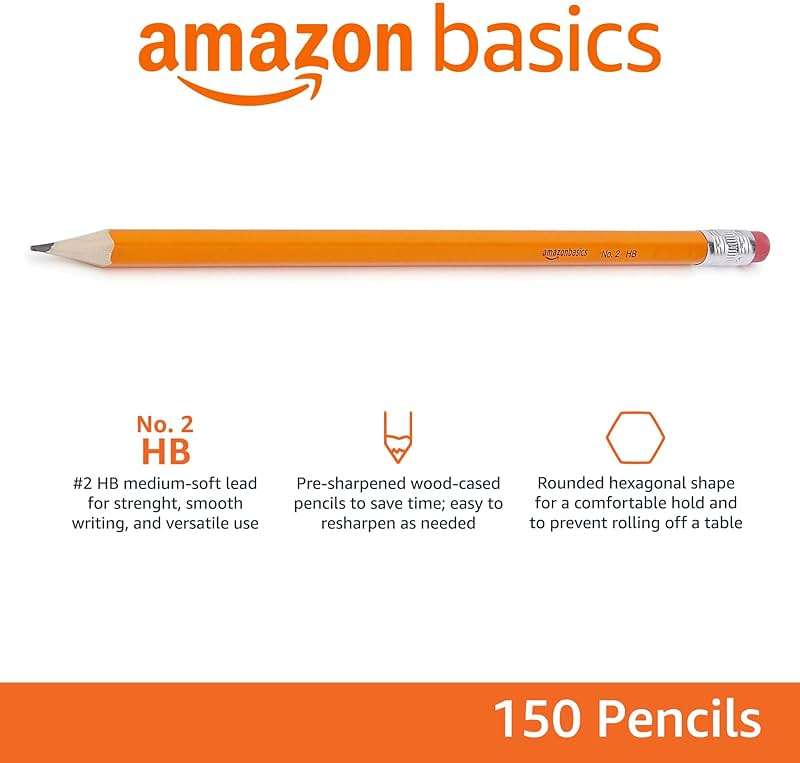 Amazon Basics Wood-Cased #2 Pencils for Writing, Drawing and Sketching, Pre-sharpened, HB Soft Lead with Erasers, Teacher Supplies, 150 Count, Yellow - Image 3