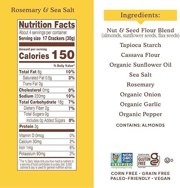 Simple Mills Almond Flour Crackers, Rosemary & Sea Salt, Gluten Free, Flax Seed, Sunflower Seeds, Corn Free, Good for Snacks, Made with whole foods, 6 Count (Packaging May Vary) - Image 2