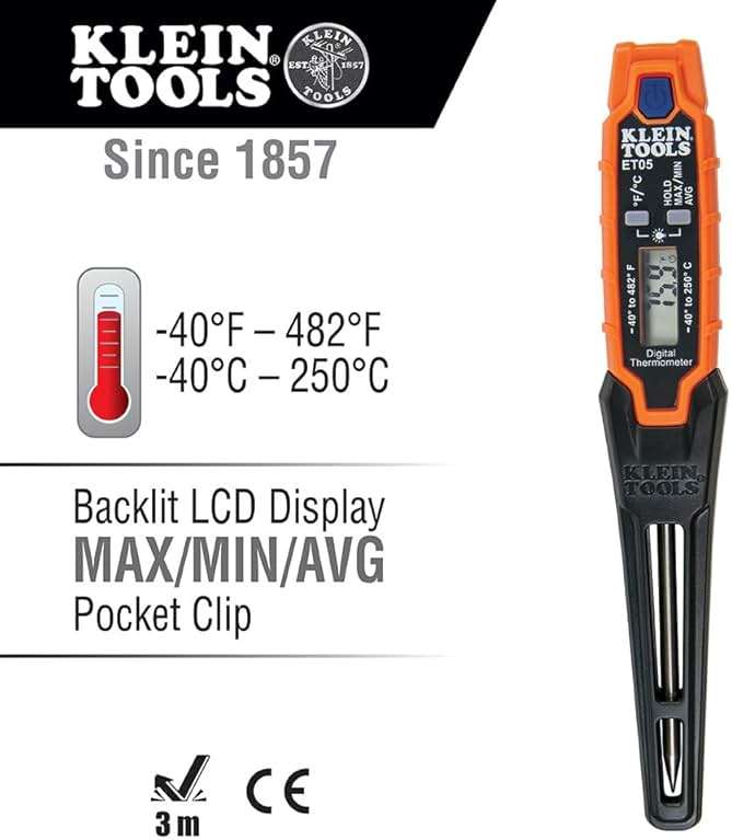 Klein Tools ET05 Digital Pocket Thermometer, HVAC Instant Read Thermometer with Backlit Display, Wide Measurement Range, Fahrenheit and Celsius - Image 2