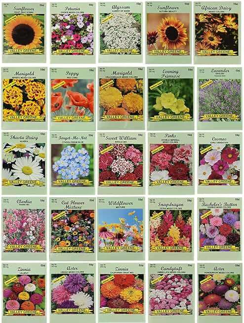 25 Slightly Assorted Flower Seed Packets - Includes 10+ Varieties - May Include: Forget Me Nots, Pinks, Marigolds, Zinnia, Wildflower, Poppy, Snapdragon and More - Made in the USA - Image 1