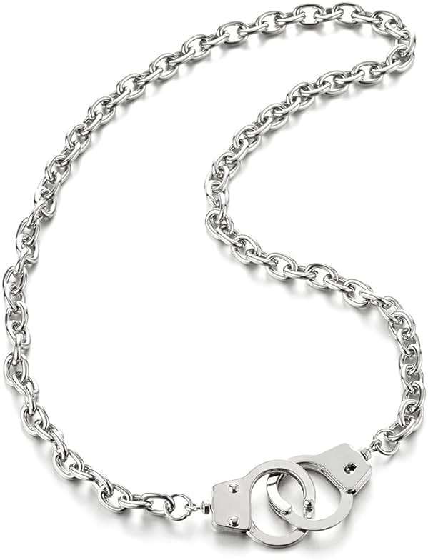 COOLSTEELANDBEYOND Handcuff Chain Necklace for Men and Women, with Rolo Link Chain, Punk Street Style Pendant - Image 1