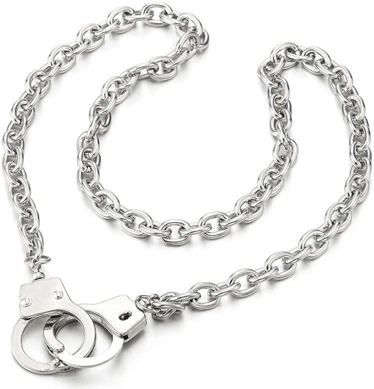 COOLSTEELANDBEYOND Handcuff Chain Necklace for Men and Women, with Rolo Link Chain, Punk Street Style Pendant - Image 3
