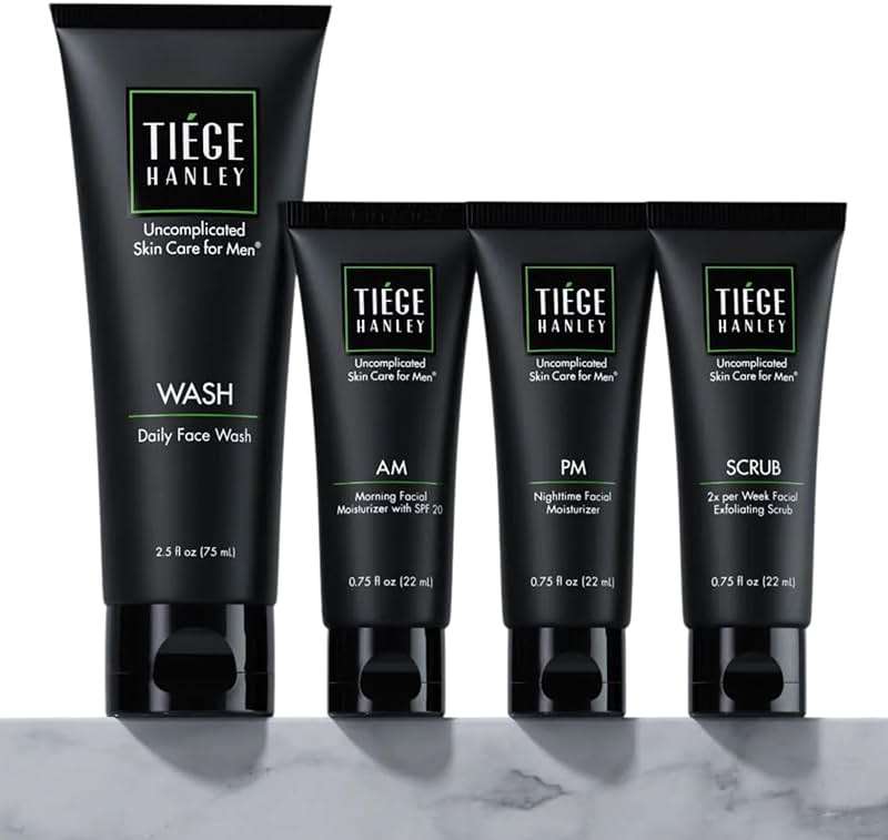 Tiege Hanley Skin Care Set for Men, Essential Routine, System Level 1, Daily Face Wash, Facial Scrub, Moisturizer With SPF, and Night Cream for Healthy, Hydrated Skin, Men’s Skin Care, 4 Piece Kit - Image 1