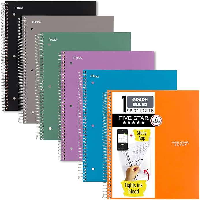 Five Star Spiral Notebook + Study App, 1 Subject, Graph Ruled Paper, 8.5" x 11", 100 Sheets, Assorted Colors, 6 Pack (73549) - Image 1