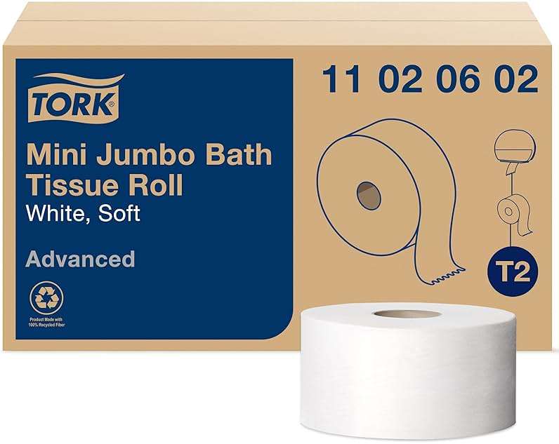 Tork Mini Jumbo Bath Tissue Roll - Toilet Paper Towels with Advanced Soft Quality, Compatible with T2 Tork Dispenser, 12 rolls x 1075, 2-Ply Sheets, Color: White, 11020602 - Image 1